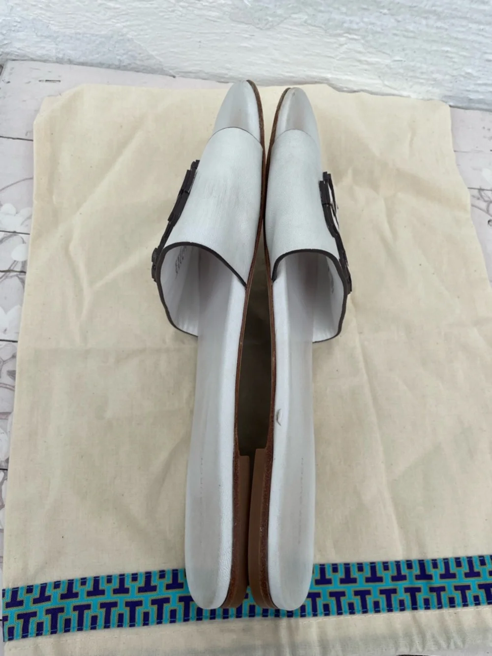 Tory Burch White Leather Logo Slide Sandals